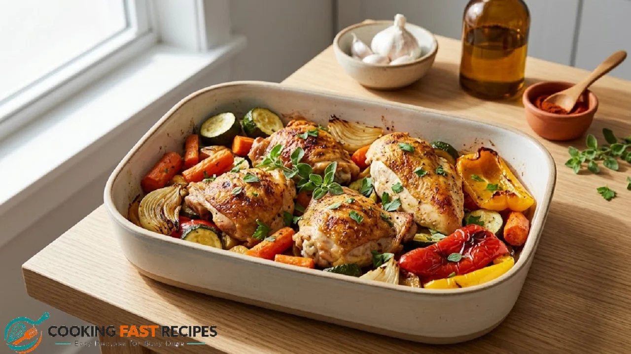 Baked chicken with carrots, zucchini, onions, and bell peppers