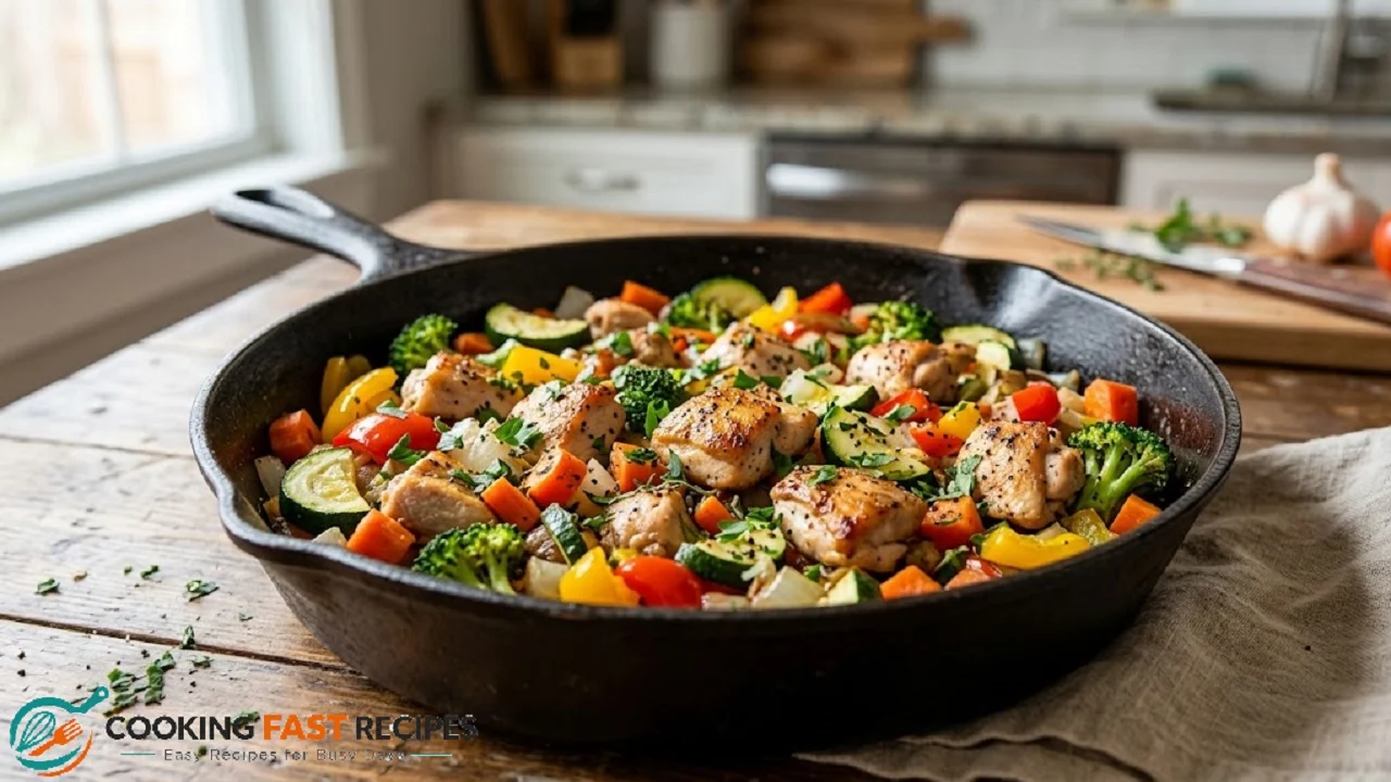 Chicken and vegetable skillet with broccoli, peppers, zucchini, and carrots