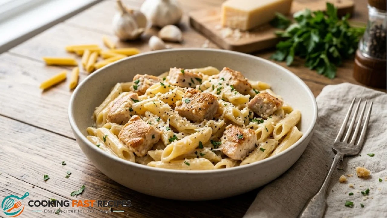 Creamy garlic chicken pasta with Parmesan and fresh parsley