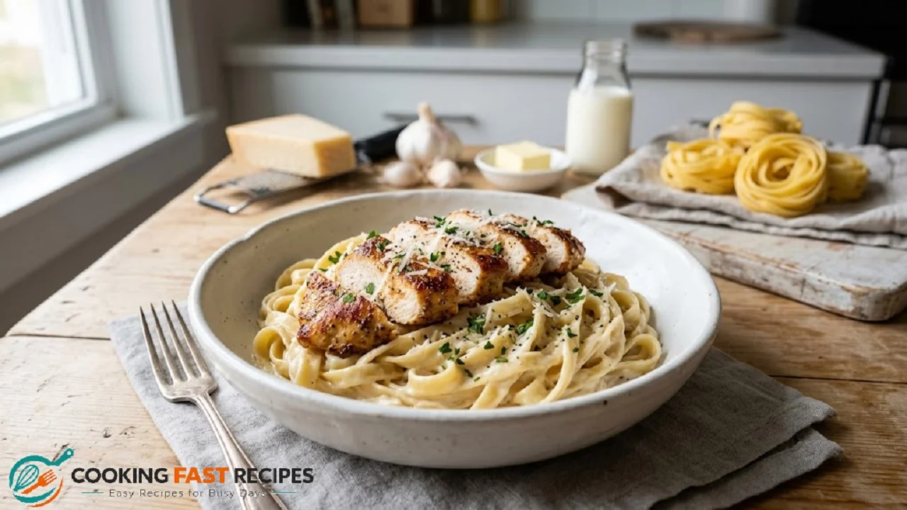 Easy chicken Alfredo with creamy Parmesan pasta and sliced chicken