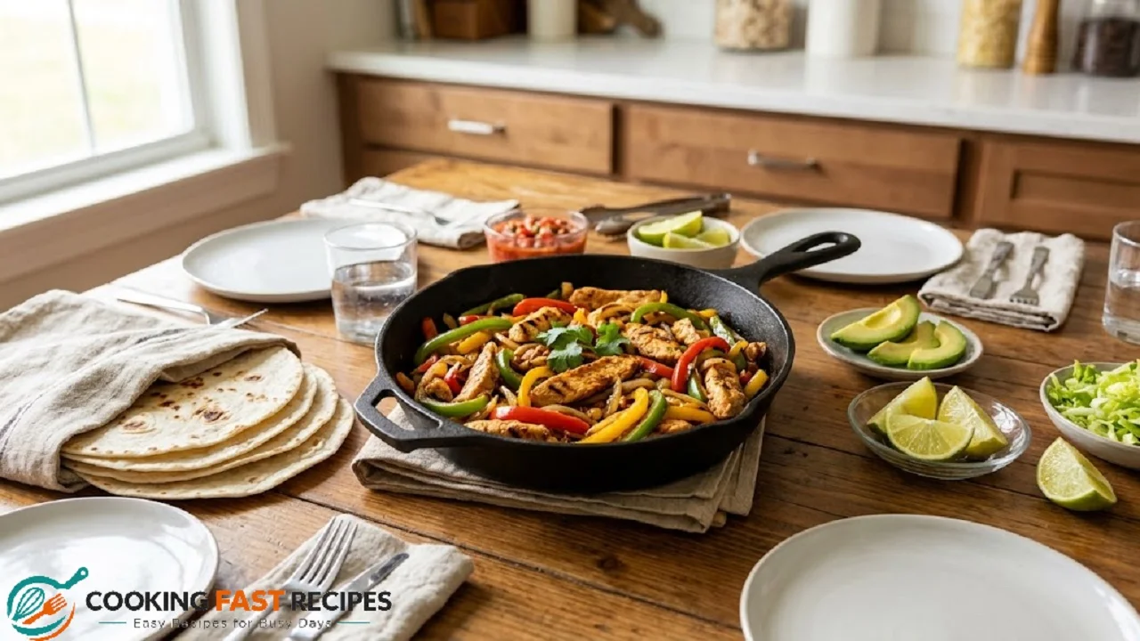 Easy chicken fajitas with bell peppers, onions, tortillas, and lime