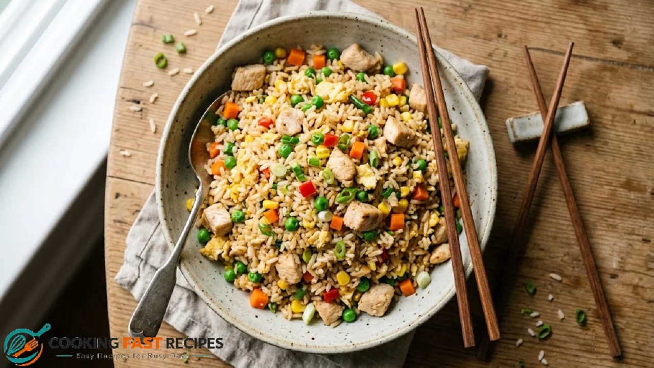 Easy chicken fried rice with vegetables, egg, and green onions