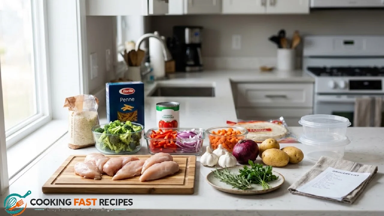 Chicken, vegetables, rice, pasta, and other ingredients prepared for easy weeknight dinners
