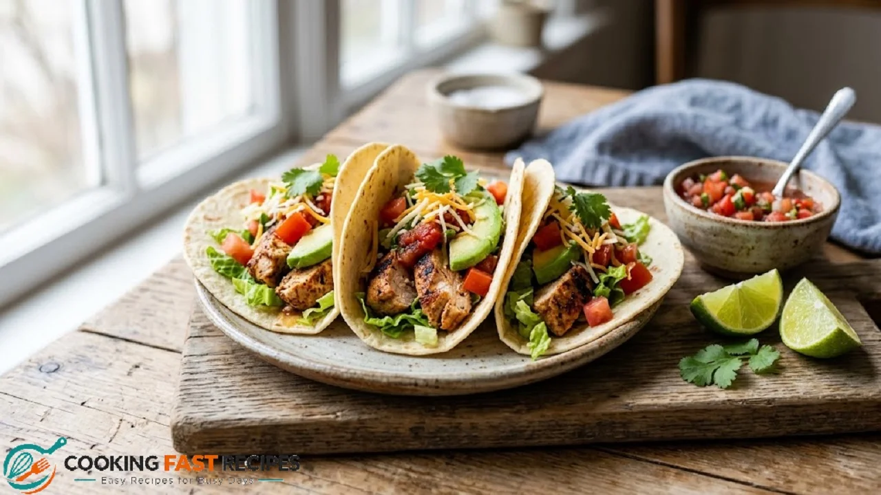 Easy chicken tacos with lettuce, tomatoes, avocado, cheese, and lime