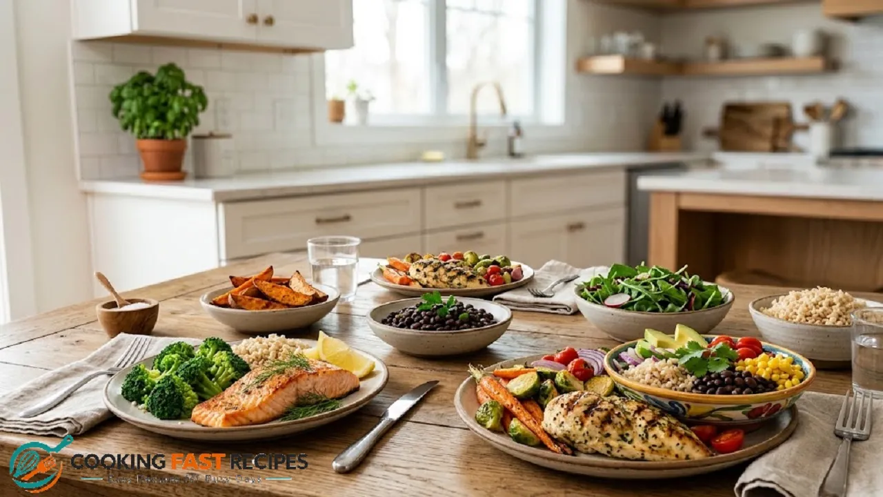 Easy healthy dinner recipes with chicken, salmon, vegetables, rice, and sweet potatoes