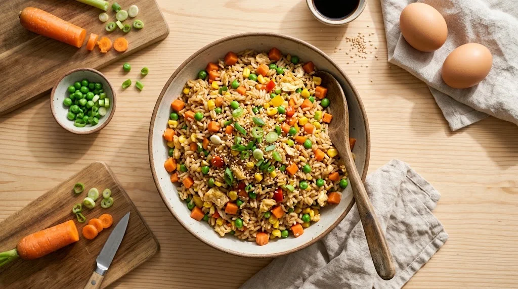 Vegetable fried rice with egg and fresh vegetables