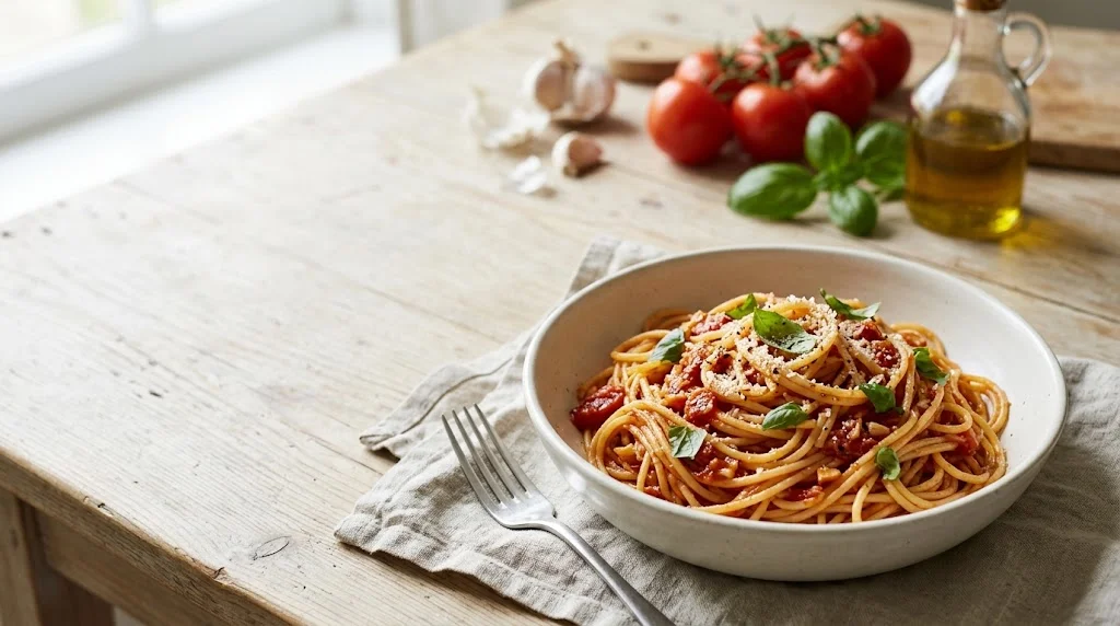 Simple tomato pasta with garlic and fresh basil