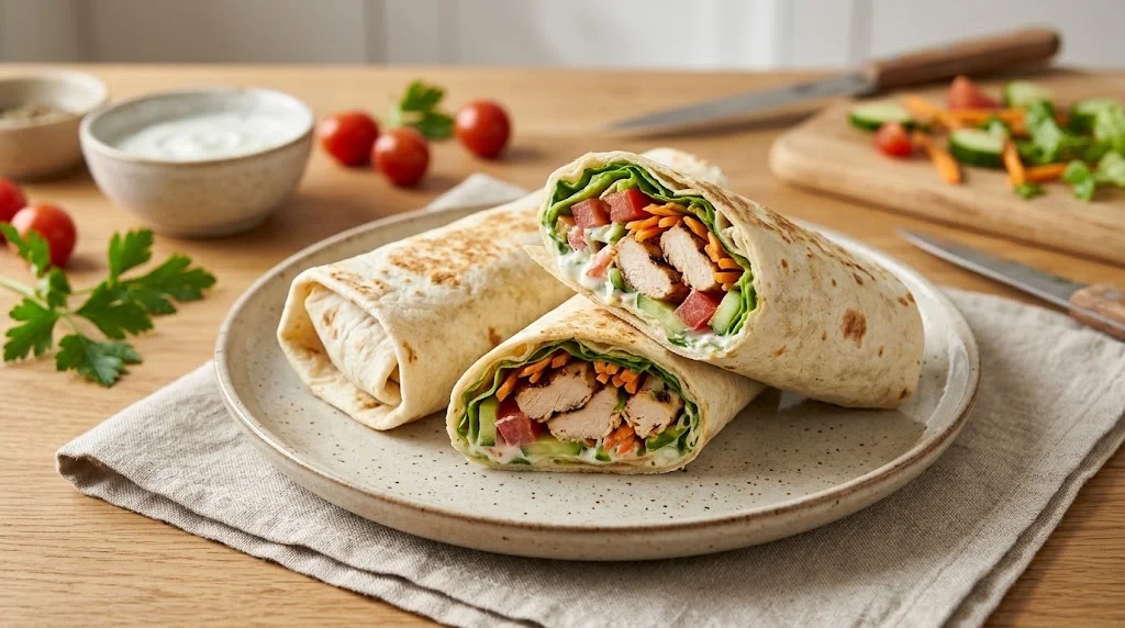 Quick chicken wraps with fresh vegetables