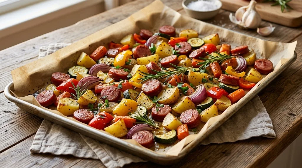 One-pan roasted vegetables and sausage dinner