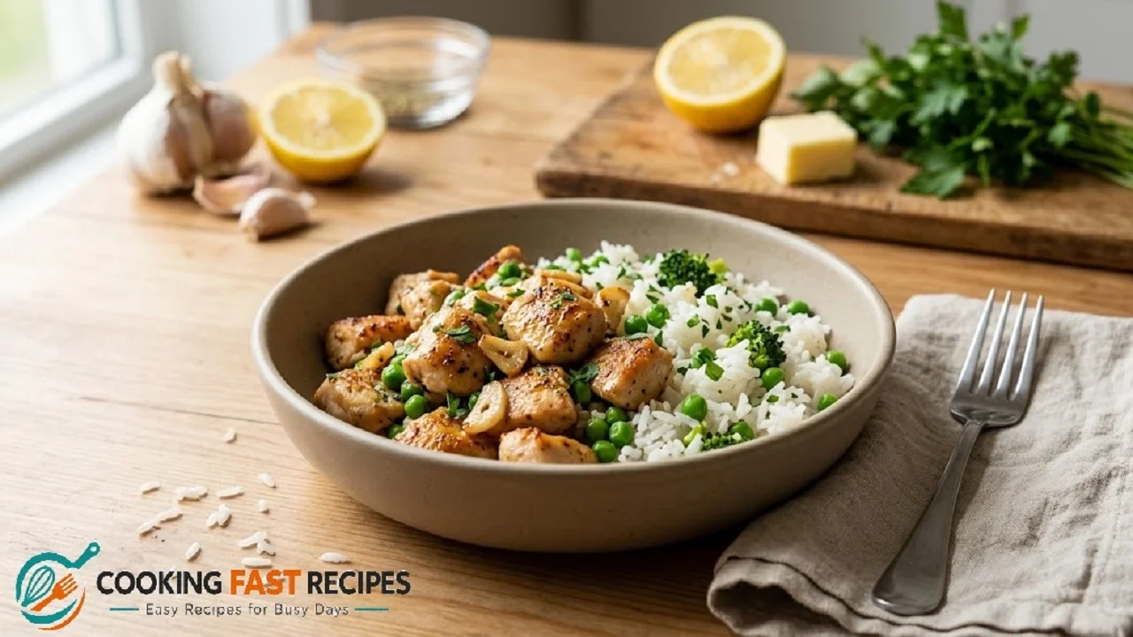 Garlic butter chicken and rice served as an easy weeknight dinner