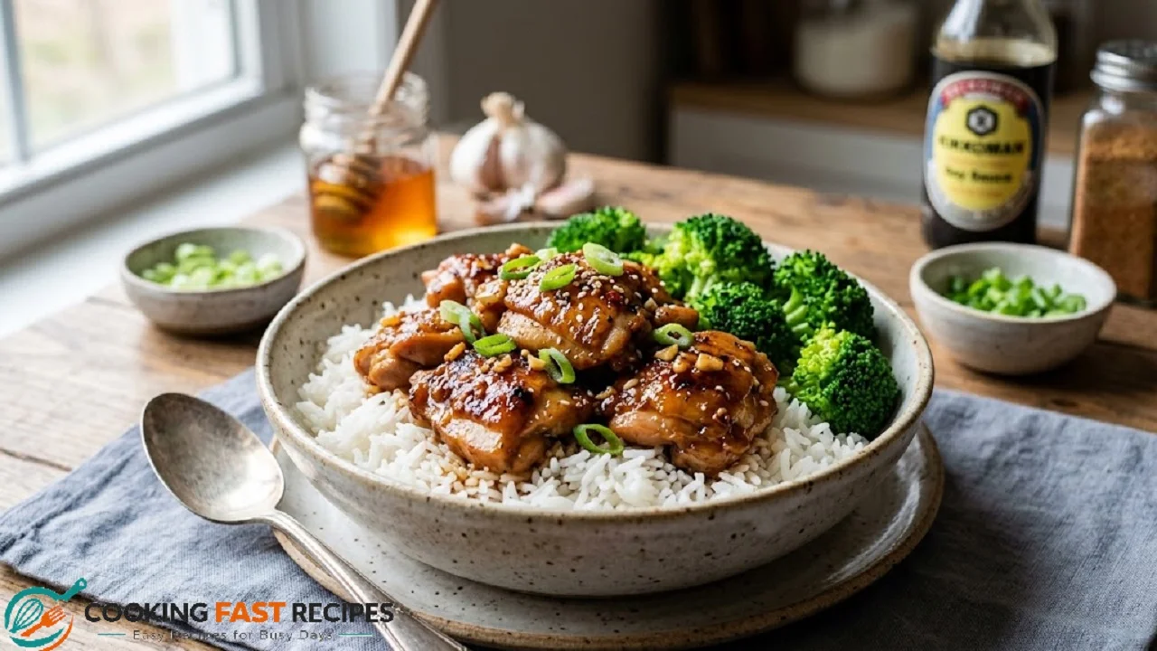 Honey garlic chicken served with rice and steamed broccoli