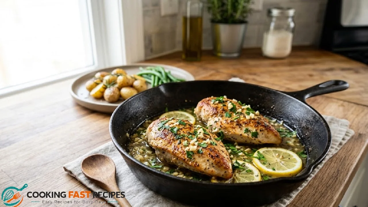 Lemon garlic chicken with fresh parsley and lemon slices