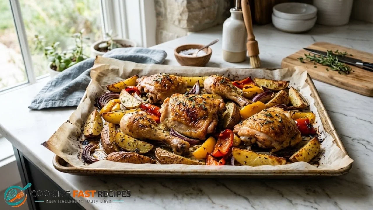 One-pan chicken and potatoes with roasted onions and bell peppers