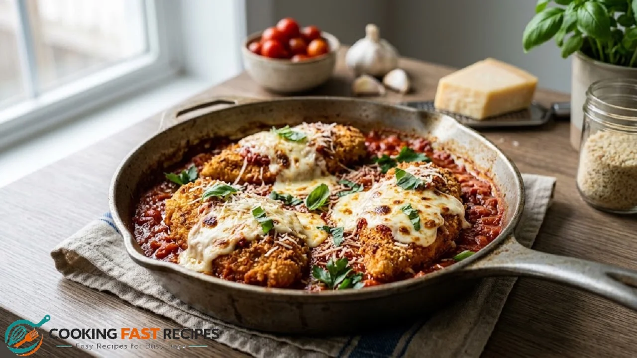 One-pan chicken Parmesan with tomato sauce and melted mozzarella