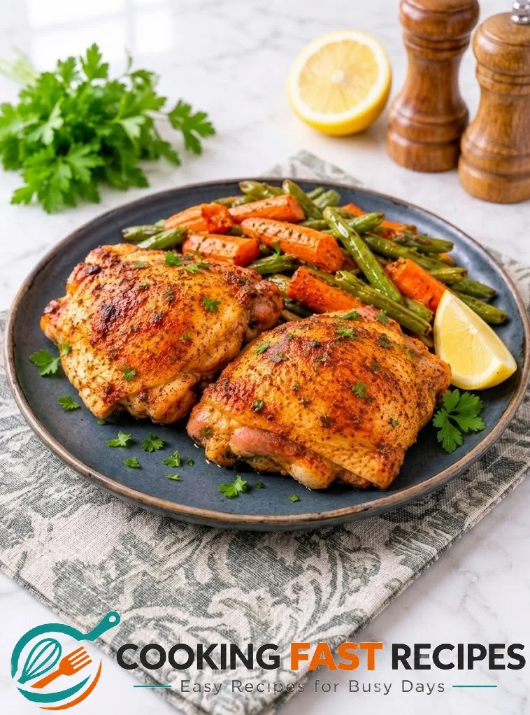 Crispy baked chicken thighs served with vegetables