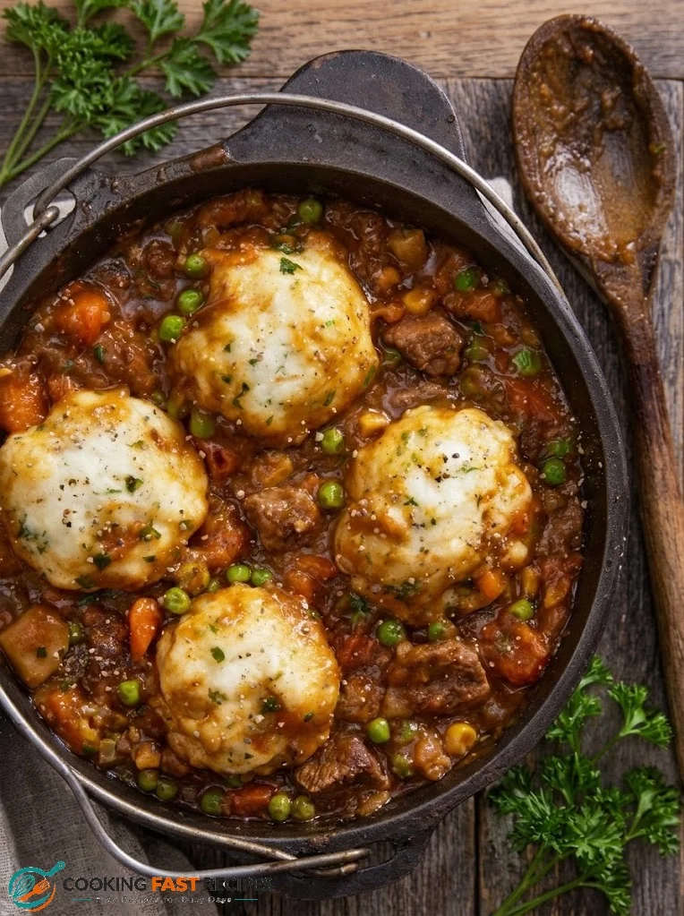 Fluffy dumplings cooking on top of simmering beef stew in a covered casserole