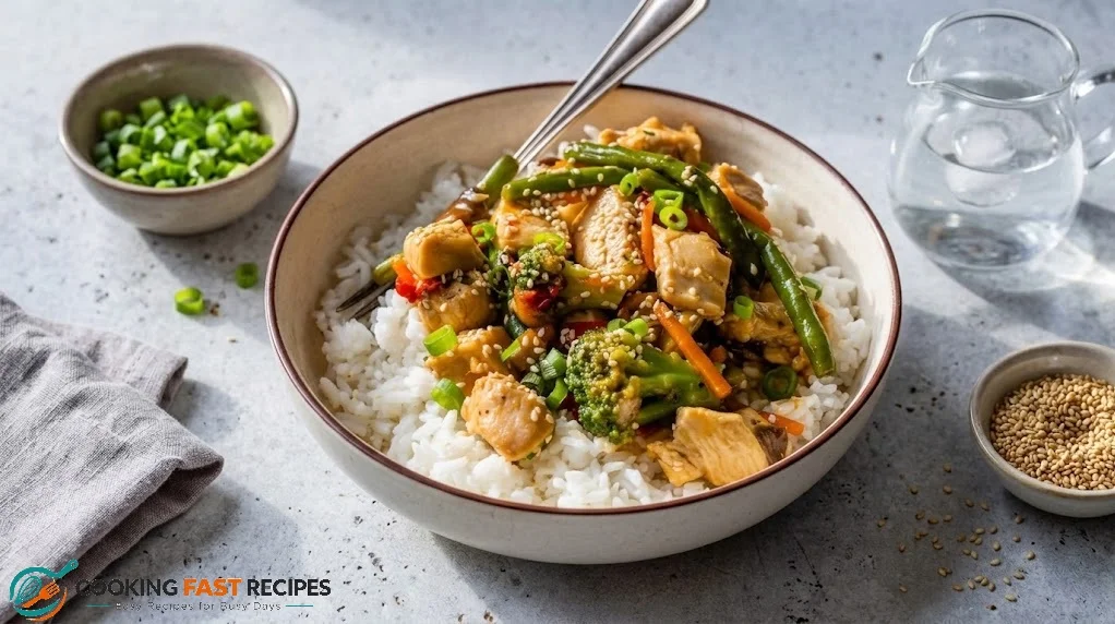 Chicken stir fry with vegetables and sesame seeds