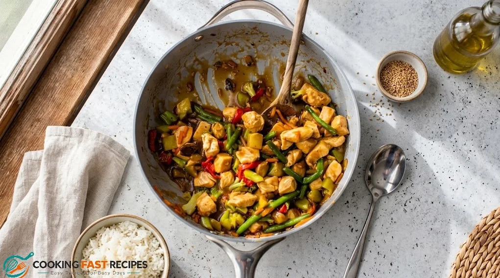 Chicken stir fry with vegetables and sesame seeds