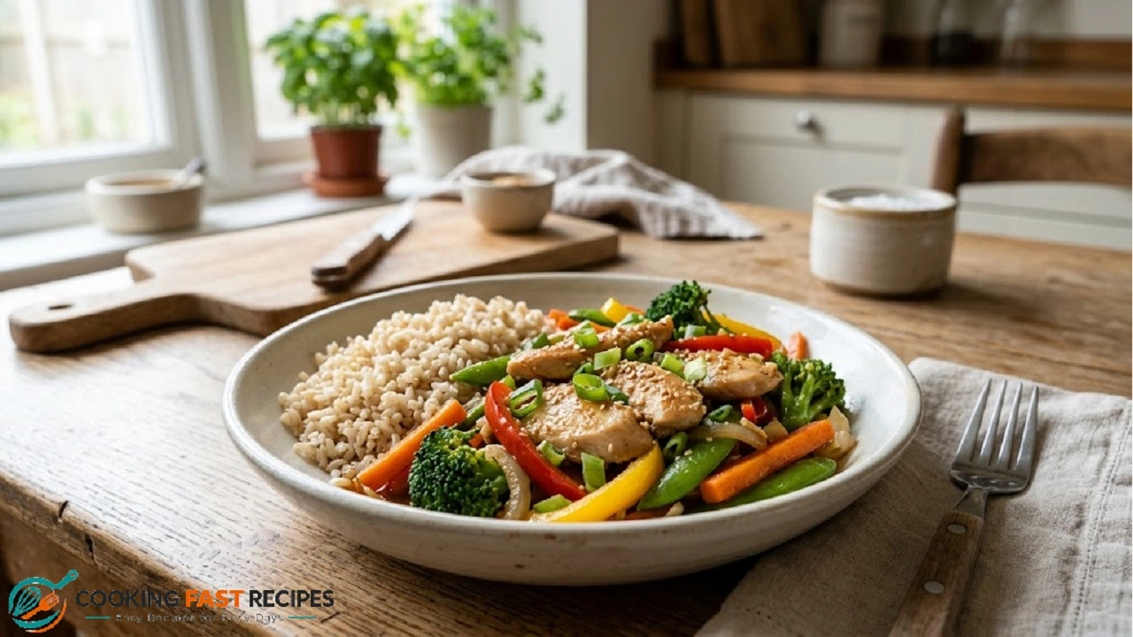 Chicken and vegetable stir-fry with broccoli, peppers, carrots, and snap peas