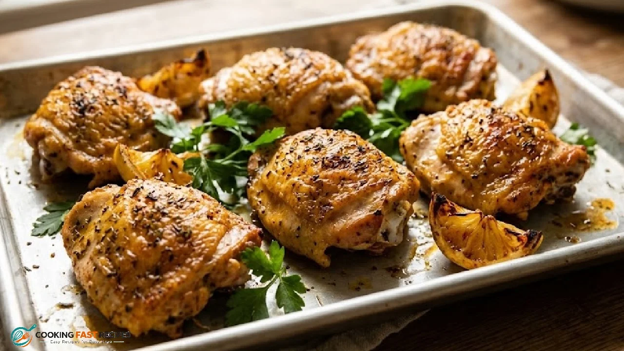 Crispy baked chicken thighs with golden skin and garlic herb seasoning