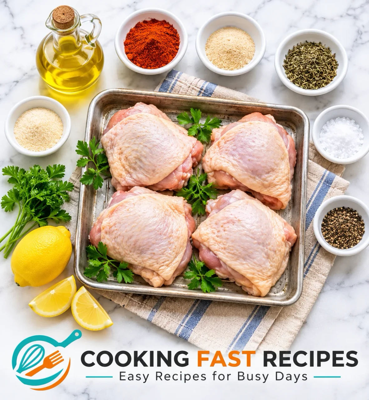 Ingredients for crispy baked chicken thighs with paprika, garlic, and thyme