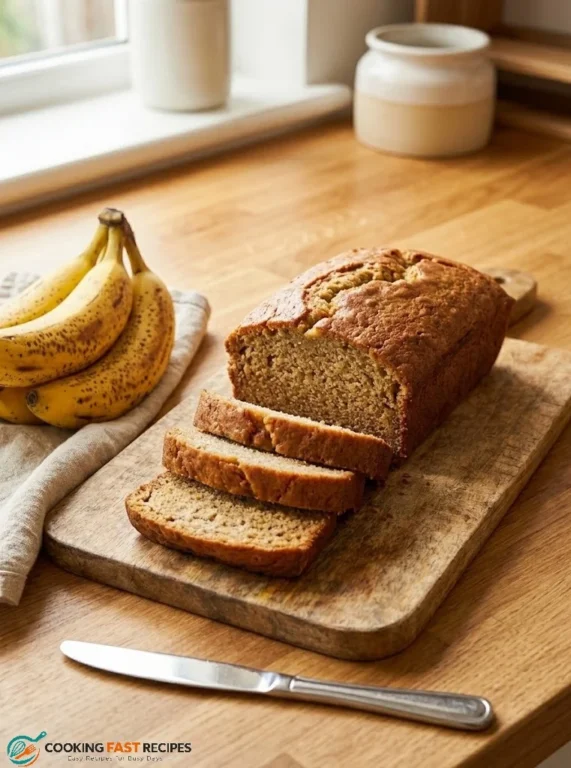 Homemade one bowl banana bread with a golden crust and moist sliced interior