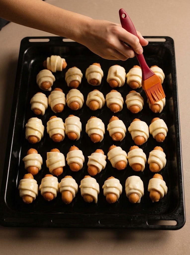Brushing egg wash over crescent roll dough for pigs in a blanket