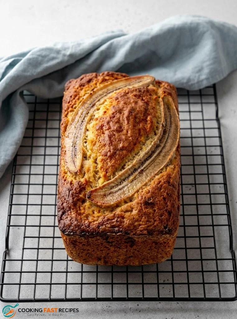 Freshly baked banana bread with a golden cracked top in a loaf pan