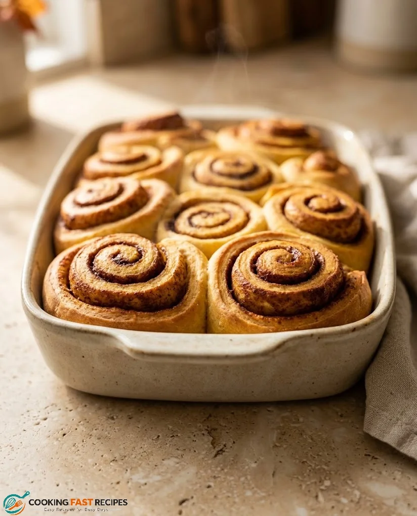 Freshly baked pumpkin cinnamon rolls with golden edges