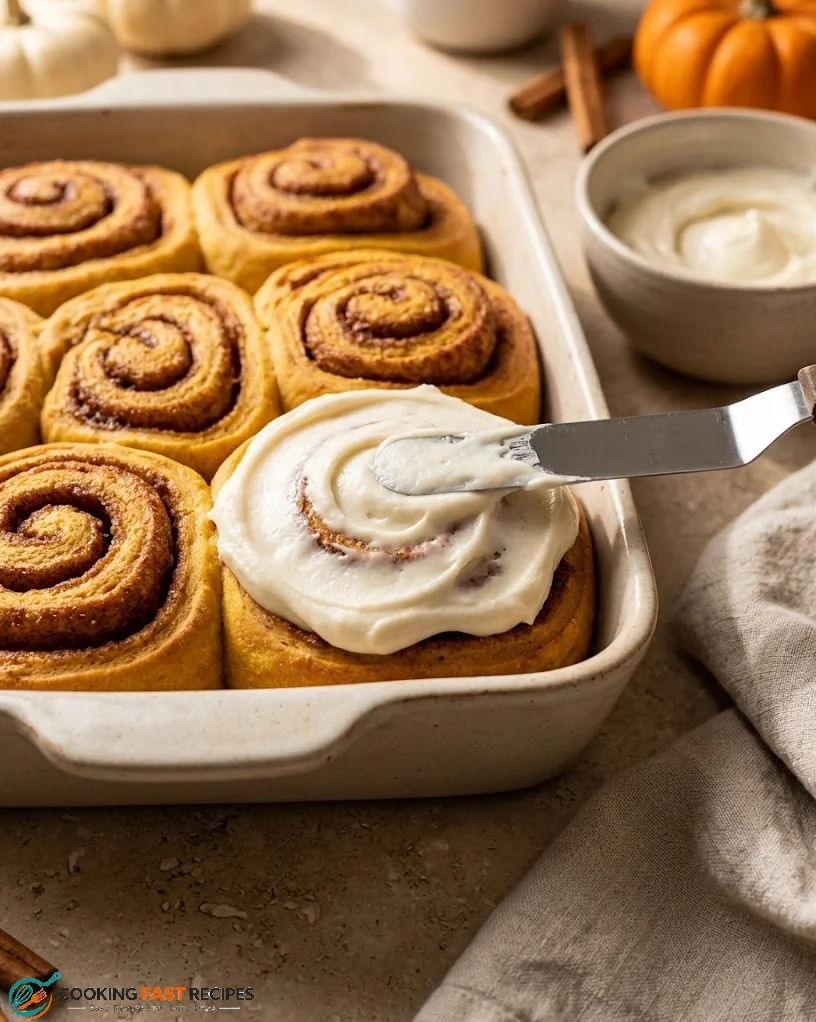 Cream cheese frosting spread over warm pumpkin cinnamon rolls