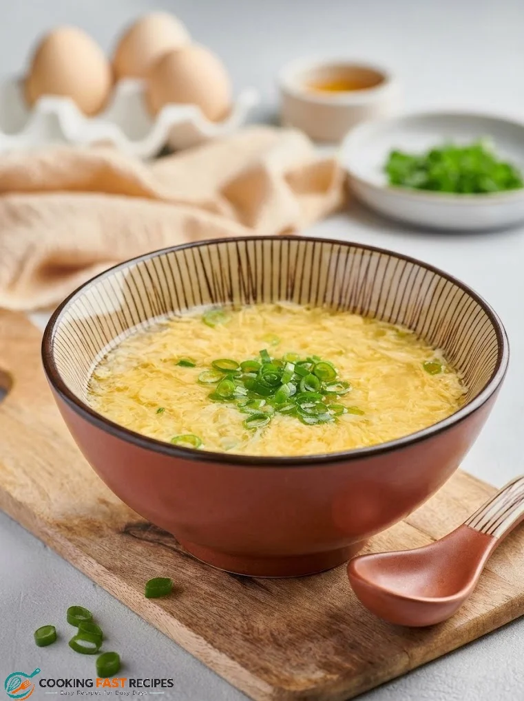 A bowl of homemade egg drop soup garnished with sliced green onions