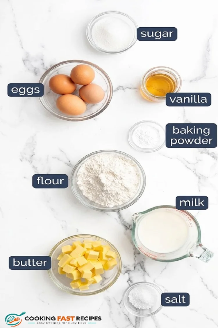 Ingredients for homemade waffles including flour, eggs, milk, butter, and vanilla