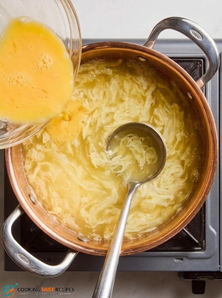 Pouring beaten eggs into simmering broth to make egg drop soup