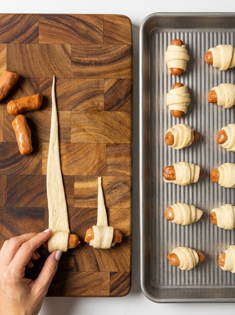 Wrapping mini cocktail sausages in crescent roll dough