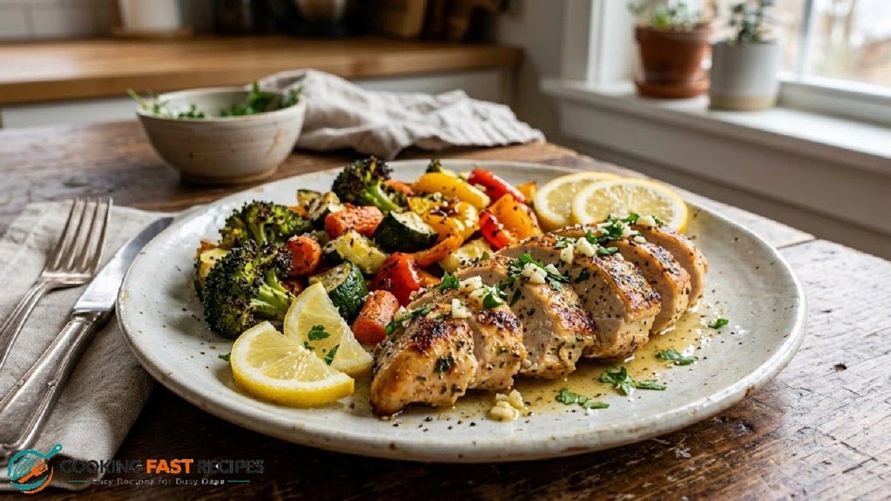 Lemon garlic chicken with roasted broccoli, zucchini, carrots, and bell peppers