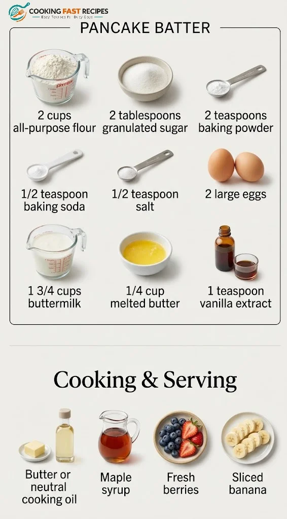 Ingredients for old fashioned homemade pancakes including flour, eggs, buttermilk, and butter