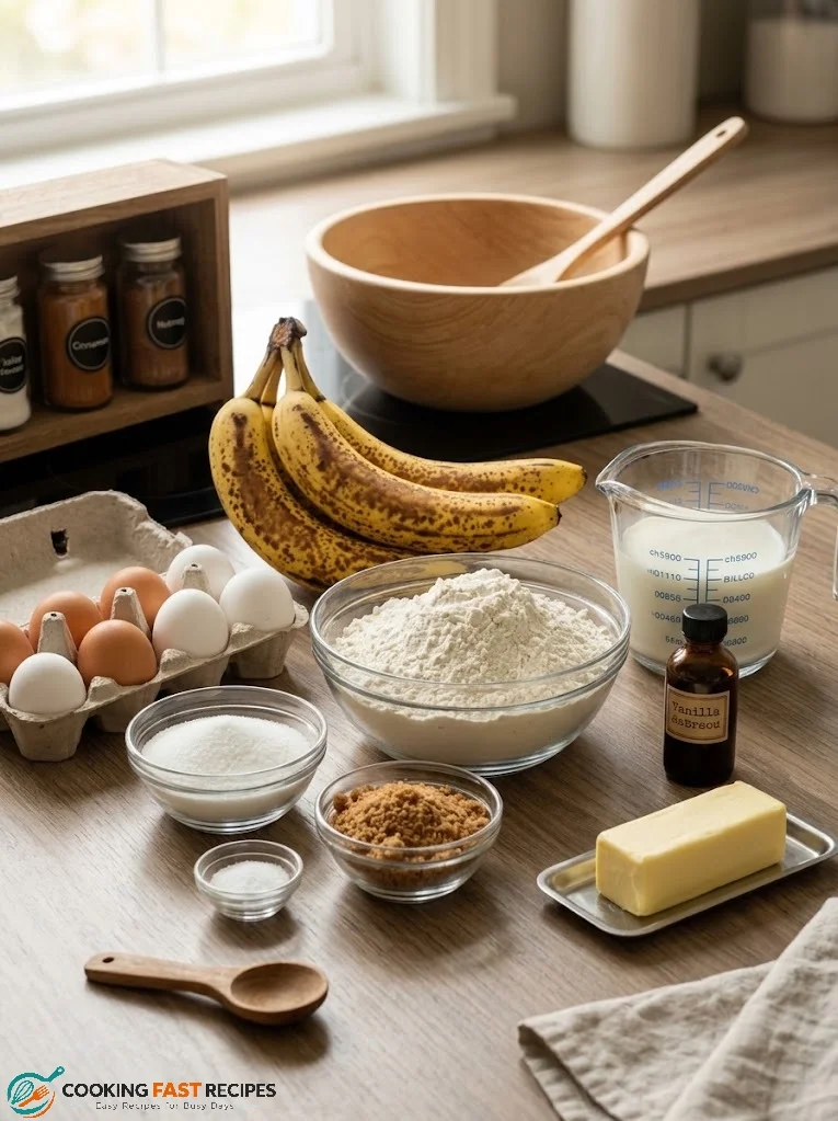 Ripe bananas, flour, brown sugar, eggs, butter, and vanilla for banana bread