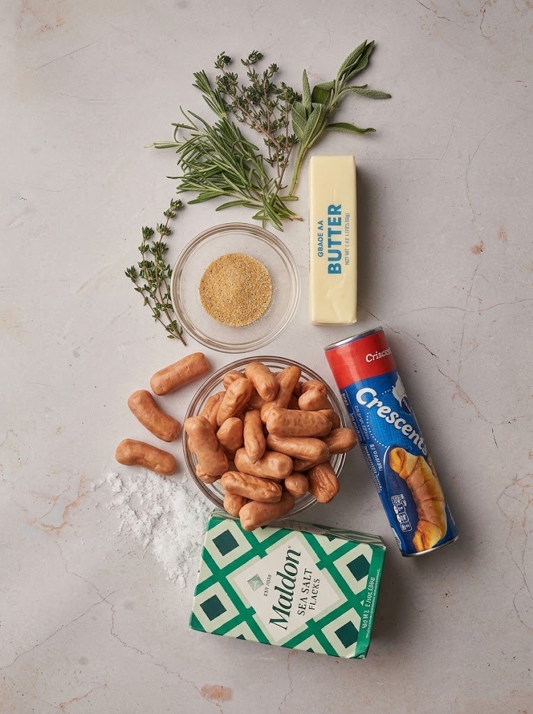 Ingredients for pigs in a blanket with crescent roll dough and mini sausages