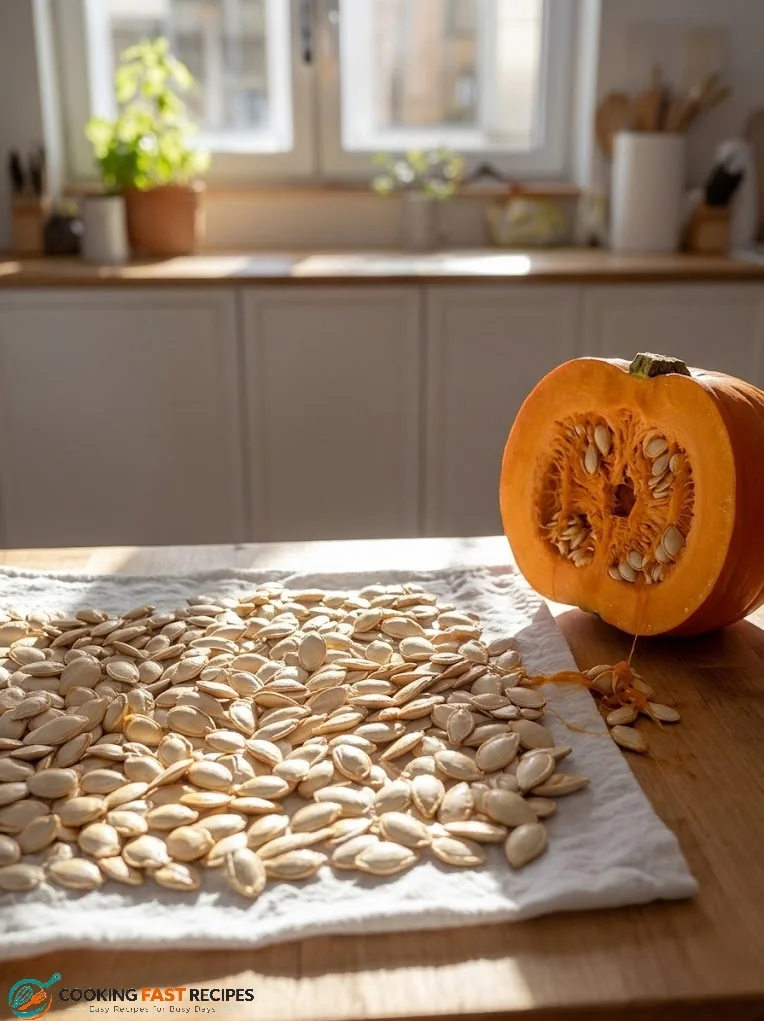 Clean pumpkin seeds spread on a kitchen towel to dry before roasting