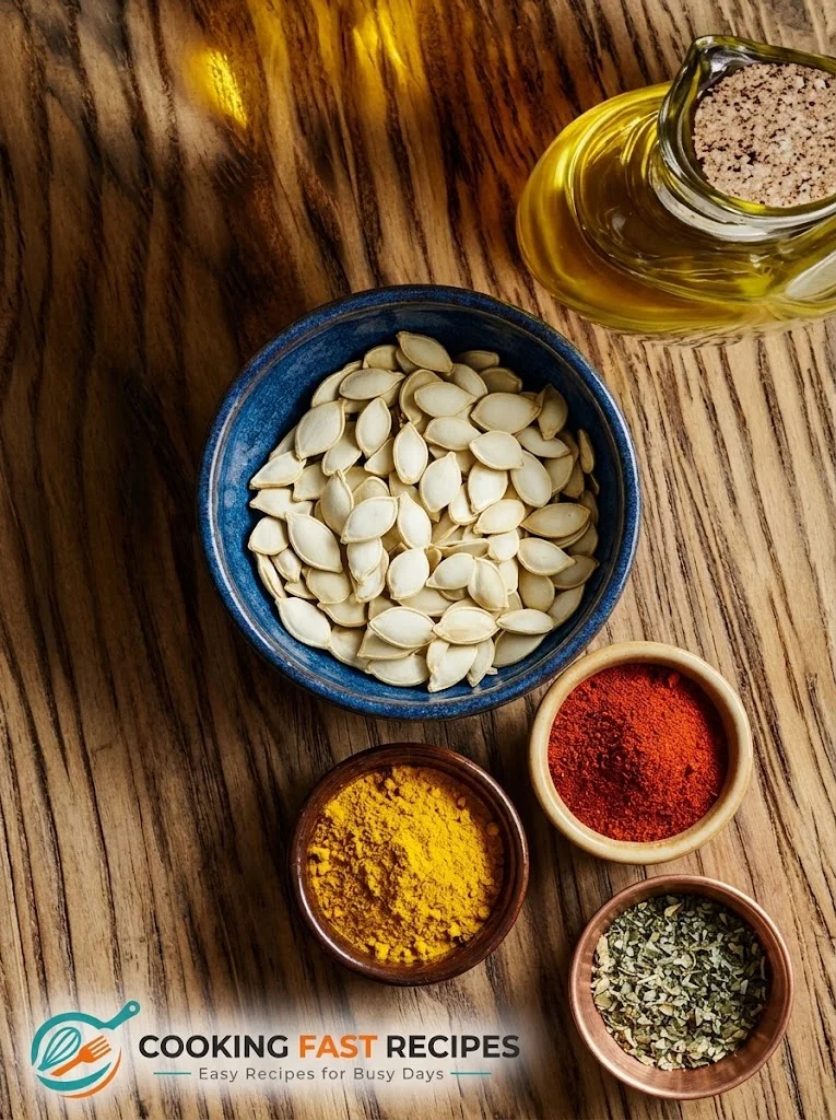 Pumpkin seeds coated with olive oil and seasoning in a mixing bowl