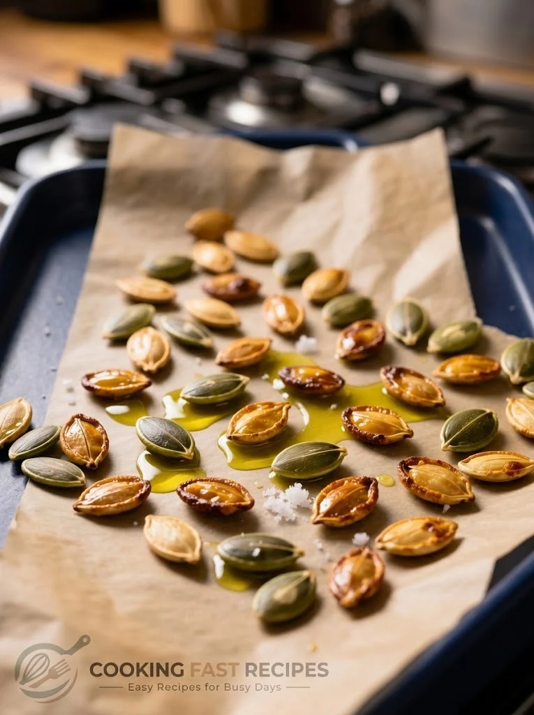 Pumpkin seeds roasting in a single layer on a parchment-lined baking sheet