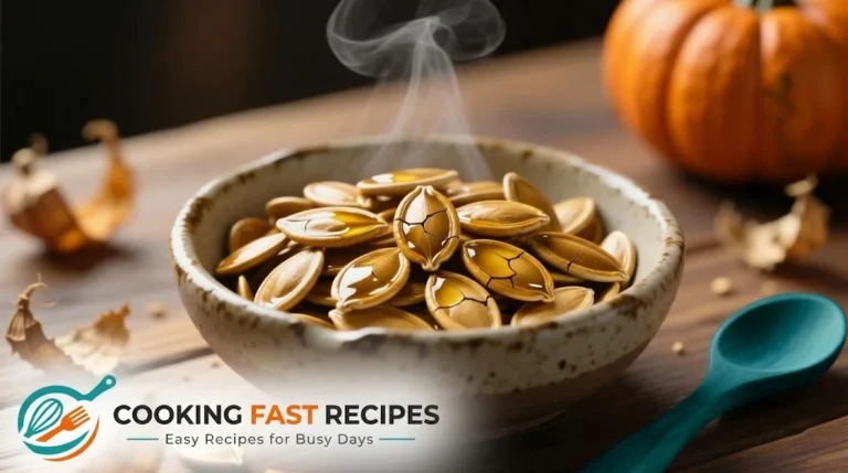 Golden roasted pumpkin seeds in a bowl with a few seeds scattered on parchment paper