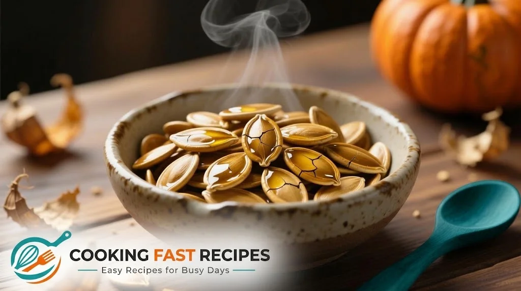 Golden roasted pumpkin seeds in a bowl with a few seeds scattered on parchment paper