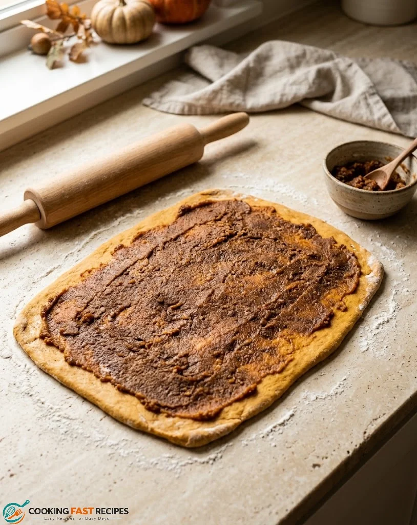 Pumpkin cinnamon roll dough spread with cinnamon filling
