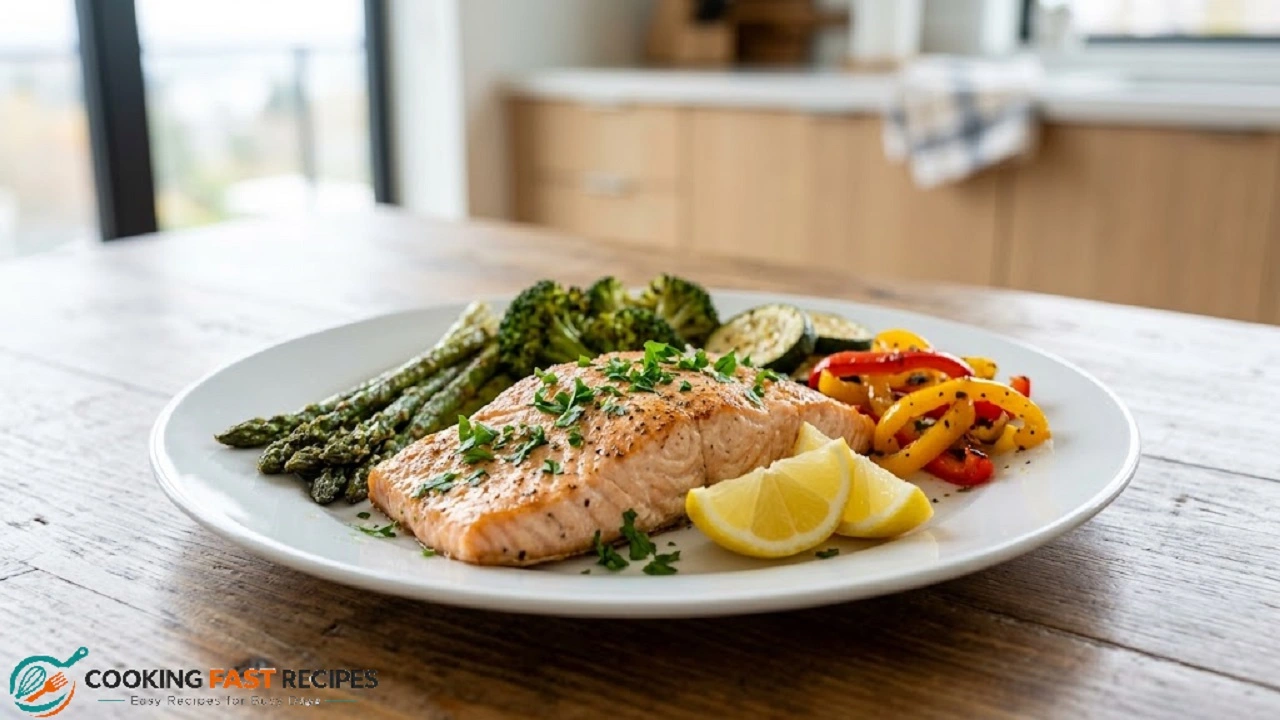 Baked salmon with roasted asparagus, broccoli, zucchini, and peppers