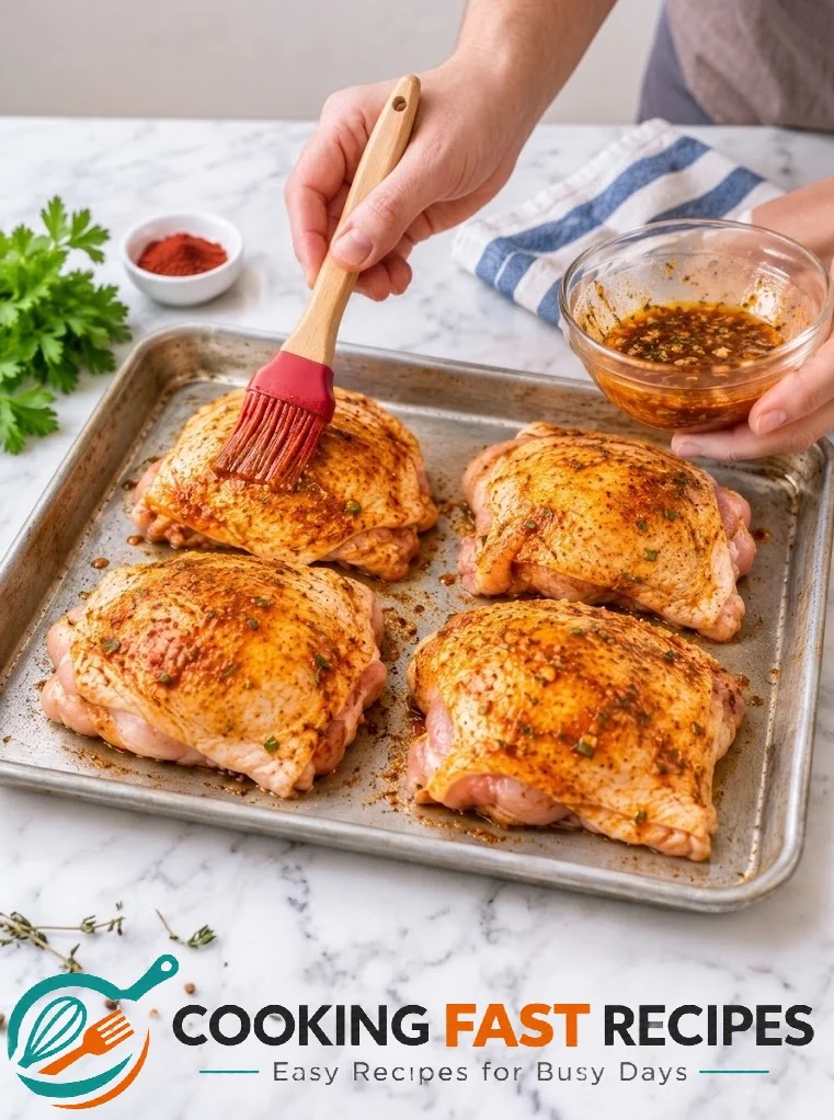 Seasoning chicken thighs with garlic, paprika, and herbs before baking