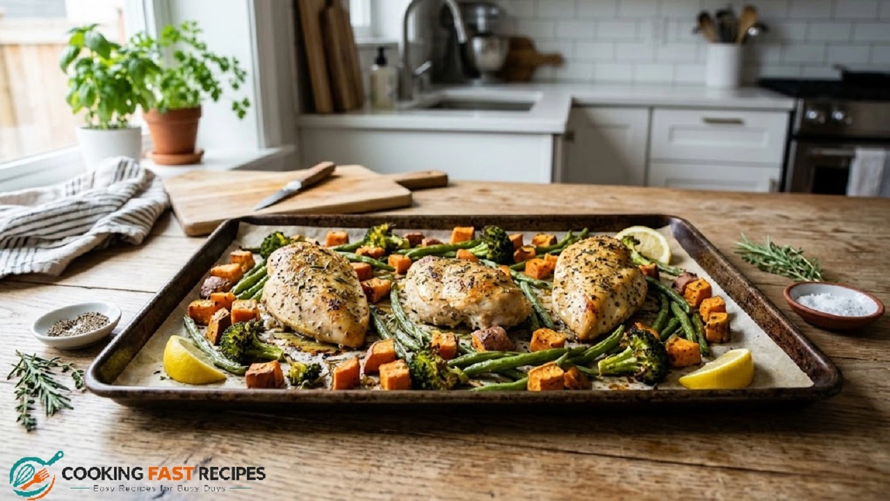 Sheet pan chicken with roasted sweet potatoes, broccoli, and green beans