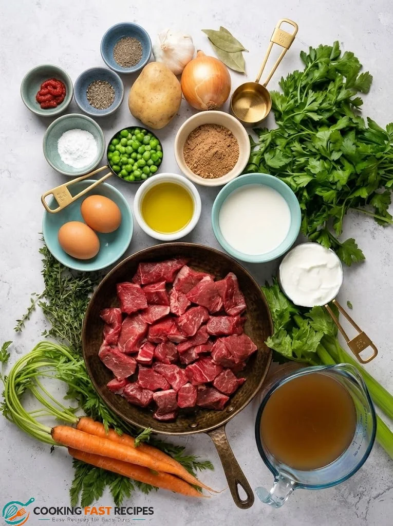 Ingredients for stew and dumplings including stewing beef, carrots, celery, flour, butter, and herbs