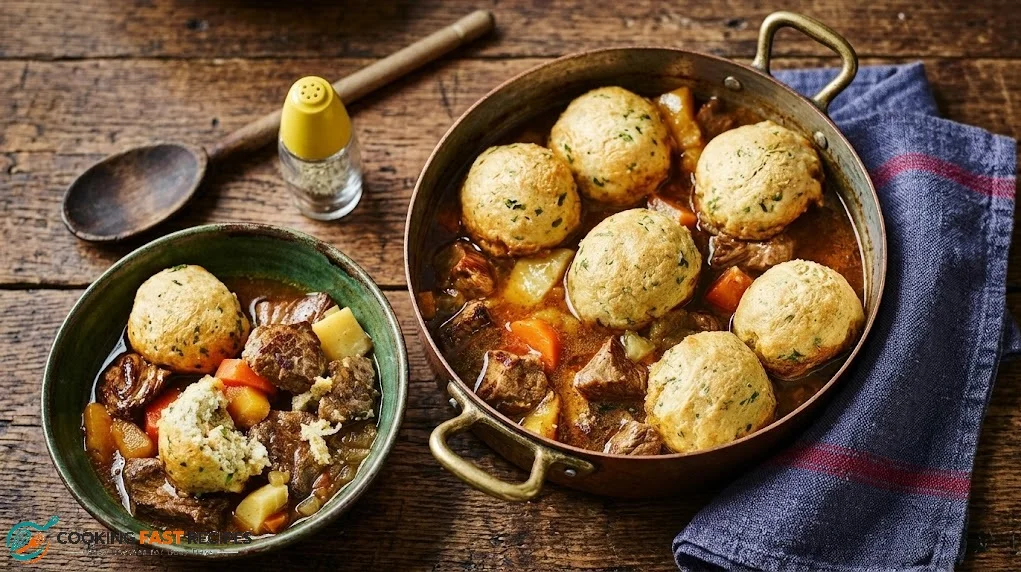 Stew and dumplings recipe with tender beef and fluffy herb dumplings