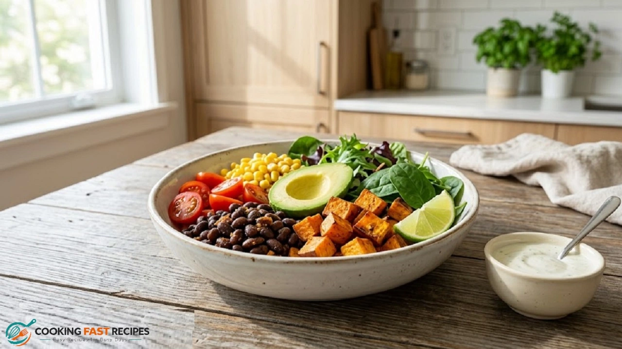 Sweet potato and black bean bowl with corn, avocado, tomatoes, and greens